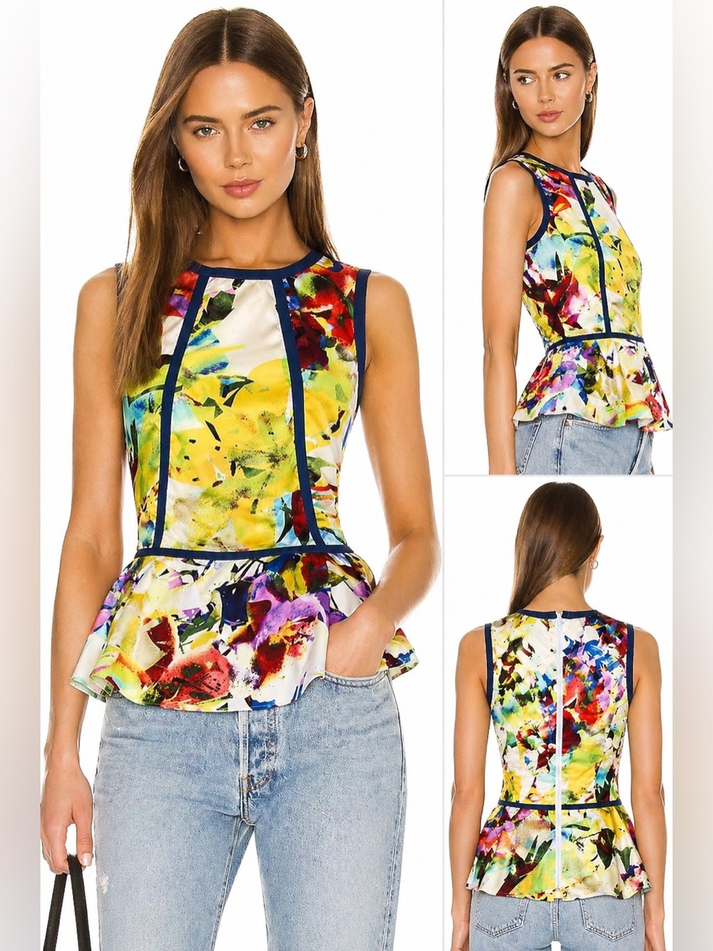 Anthropologie Parker silk Printed Peplum Top Medium Abstract Floral Stretch